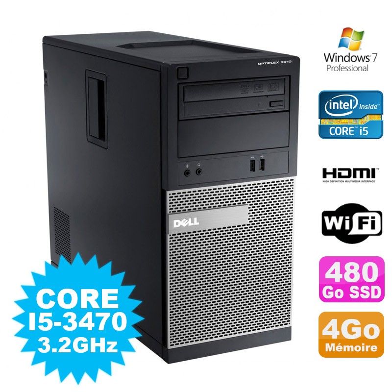 Dell Optiplex 3010 MT Intel I5-3470 4GB 480GB SSD HDMI WiFi Windows 7