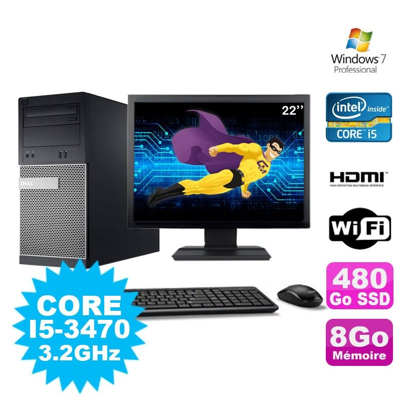Dell PC Tour 3010 MT with Intel Core i5-3470, 8GB RAM, 480GB SSD, DVD Burner, HDMI, WiFi, Windows 7 Pro