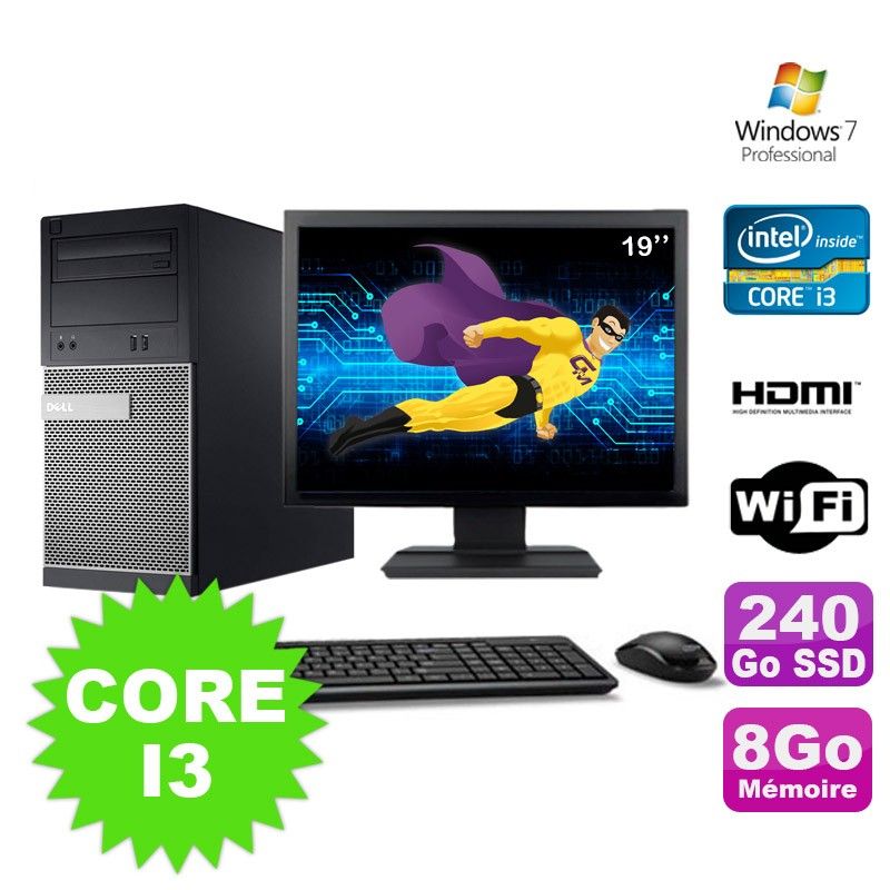 Dell PC Tower 3010 MT - Intel Core i3-2120, 8GB RAM, 240GB SSD, DVD Burner, HDMI, WiFi, Windows 7 Pro