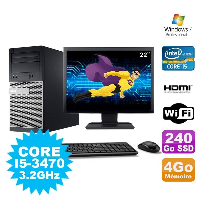 Dell 3010 MT Desktop PC - Intel Core i5-3470, 4GB RAM, 240GB SSD, DVD Burner, HDMI, WiFi, Windows 7 Pro