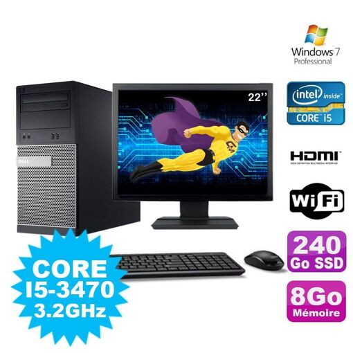 PC de escritorio Dell 3010 MT - Procesador Intel Core i5-3470, 8GB de RAM, 240GB SSD, Grabadora de DVD, HDMI, WiFi, Windows 7 Profesional
