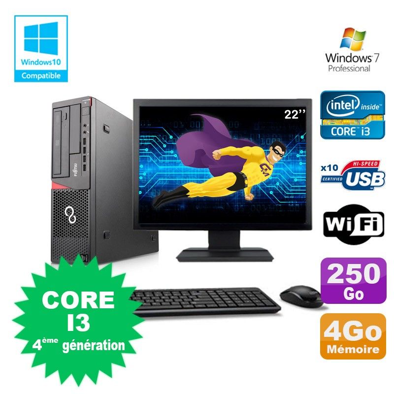 Ordinateur portable Fujitsu E720 avec processeur Intel Core i3-4130, 4 Go de RAM, disque dur 250 Go, lecteur optique DVD, Wi-Fi et Windows 7 Pro