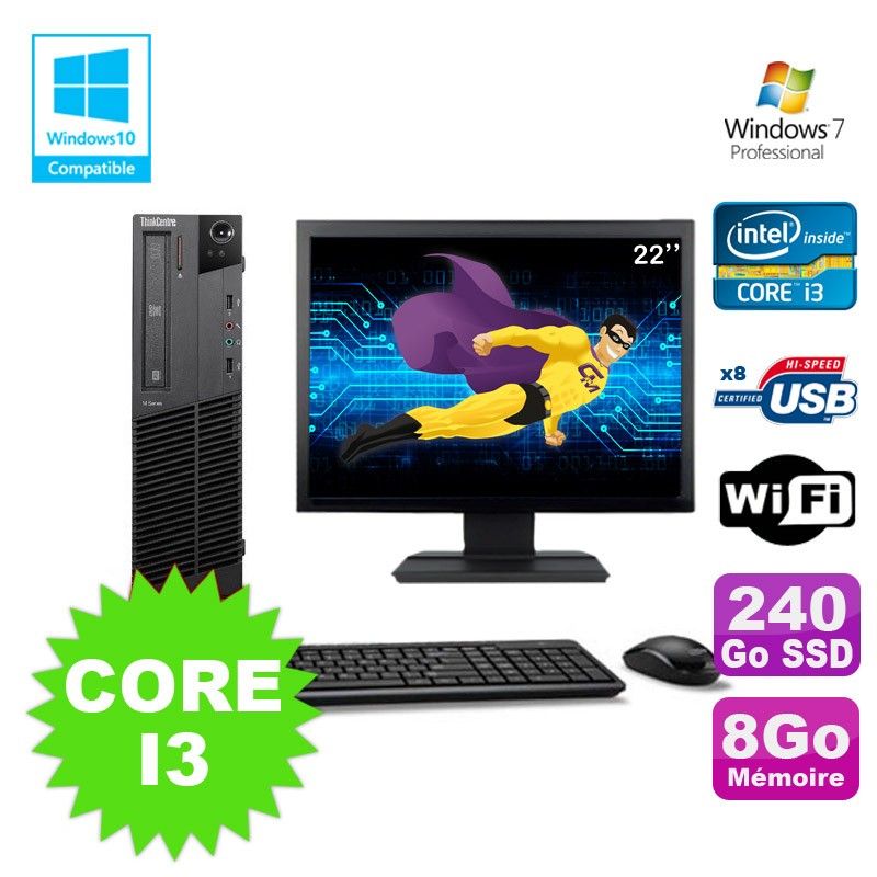 Lenovo M91p 7005 SFF Core i3 8GB 240GB SSD Wifi DVD Burner Windows 7 Pro 22" Screen Kit