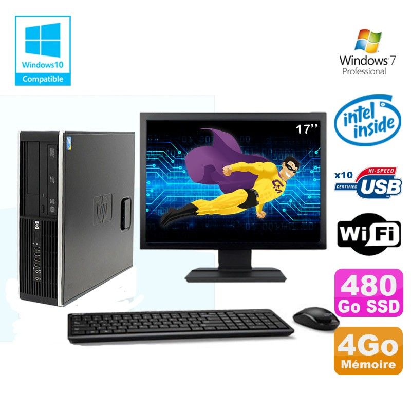 HP PC SFF 8100 G6950 2.8GHz 4GB 480GB SSD WiFi DVD Burner Windows 7 Pro 17inch Screen