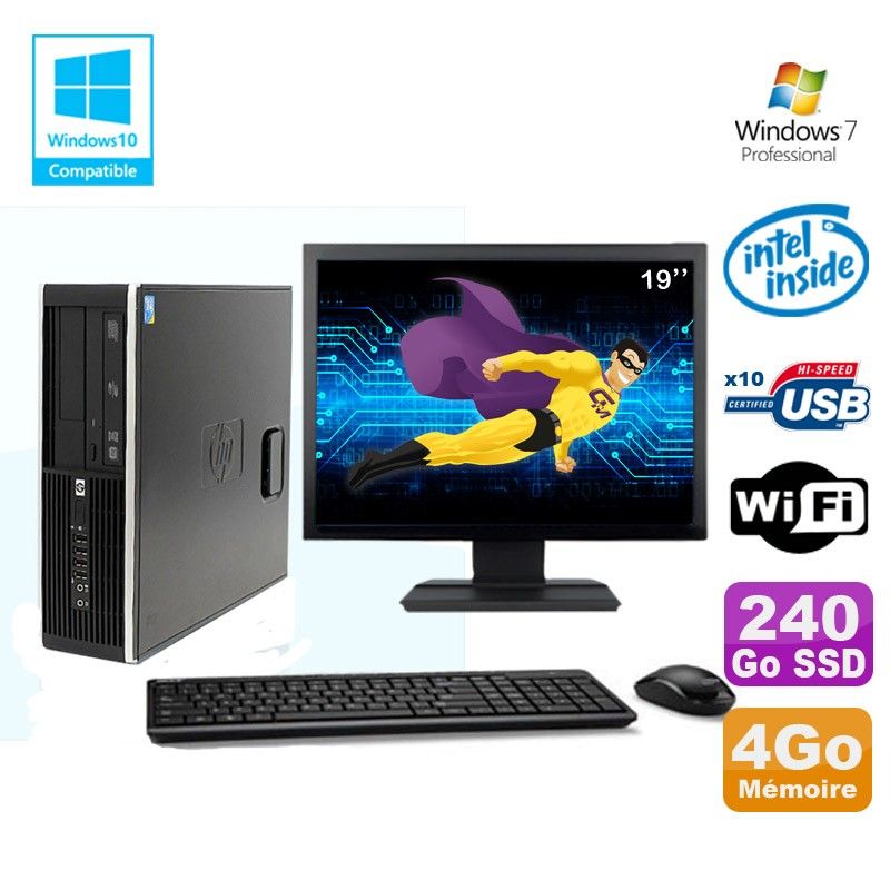 HP PC 8100 SFF G6950 2.8GHz 4GB 240GB SSD WiFi DVD Burner W7 Pro 19" Screen
