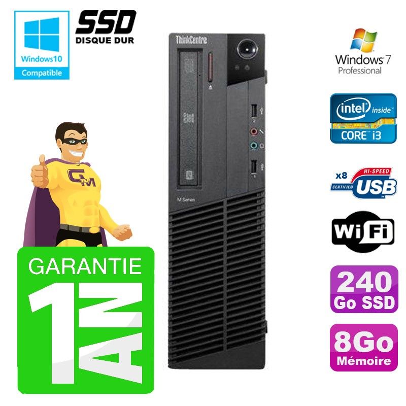 Lenovo M91p SFF Computer - Intel Core i3-2120, 8GB RAM, 240GB SSD, DVD Drive, WiFi, Windows 7 Pro
