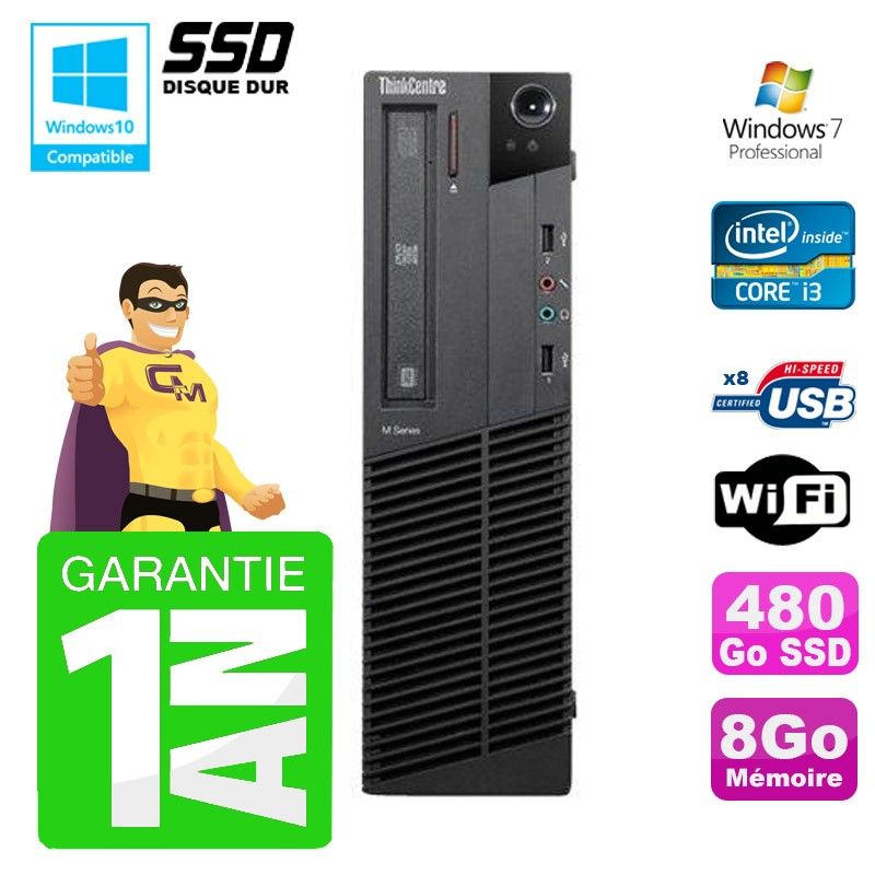 Lenovo M91p SFF PC - Intel i3-2120, 8GB RAM, 480GB SSD, DVD Drive, WiFi, Windows 7 Pro