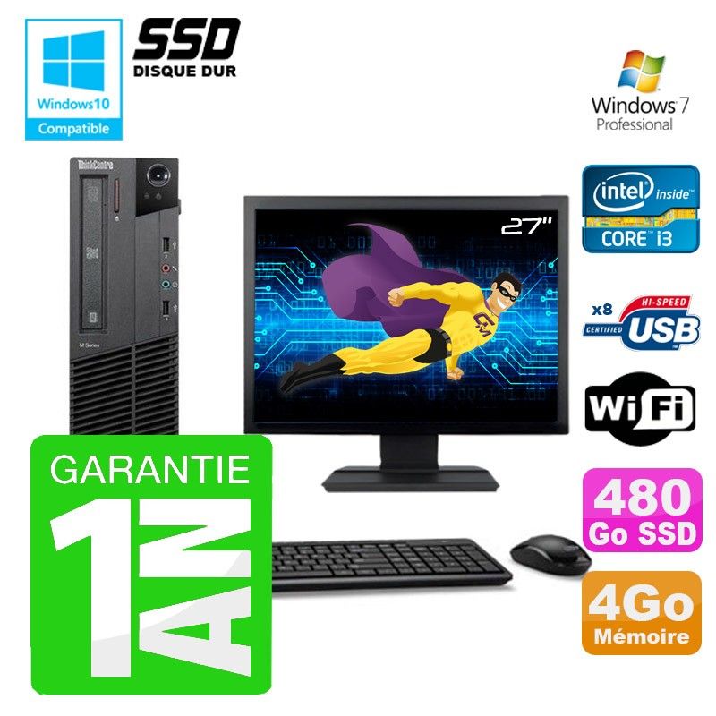 Lenovo M91p SFF Desktop PC - Intel Core i3-2120, 4GB RAM, 480GB SSD, DVD Burner, WiFi, Windows 7 Pro