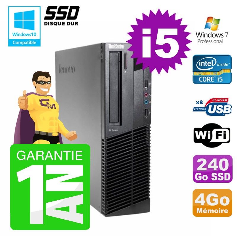 Lenovo M91p SFF Desktop PC - Intel Core i5-2400, 4GB RAM, 240GB SSD, DVD Drive, WiFi, Windows 7 Pro
