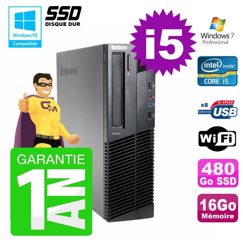 Lenovo M91p SFF Desktop PC - Intel Core i5-2400, 16GB RAM, 480GB SSD, DVD Burner, WiFi, Windows 7 Pro