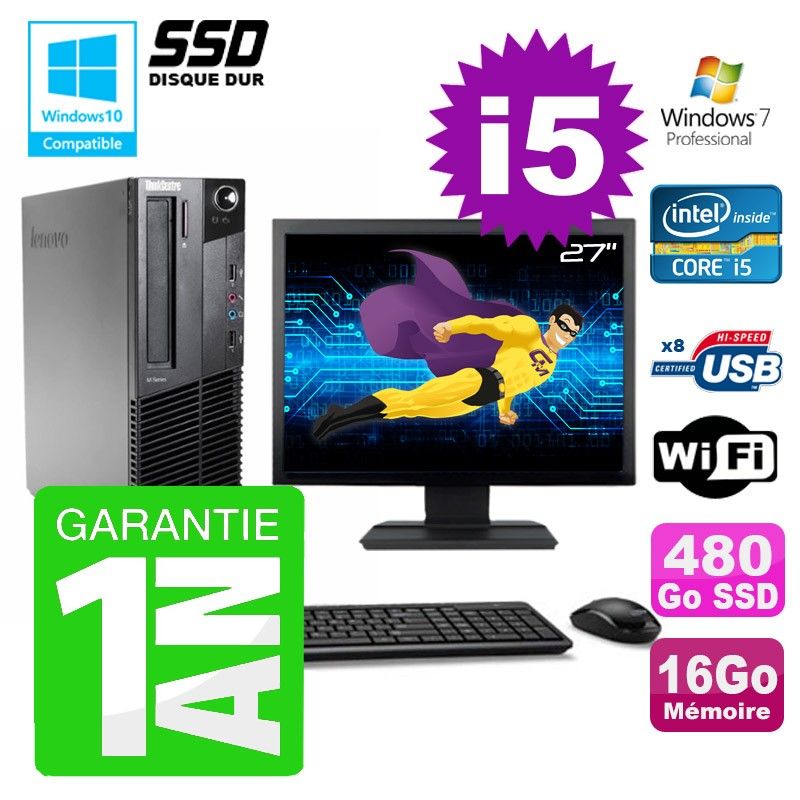 Lenovo M91p SFF Desktop Computer - Intel Core i5-2400, 16GB RAM, 480GB SSD, DVD Burner, WiFi, Windows 7 Pro
