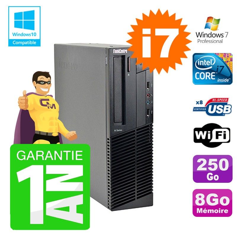 Lenovo M91p SFF Desktop PC - Intel Core i7-2600, 8GB RAM, 250GB HDD, DVD Burner, WiFi, Windows 7 Pro