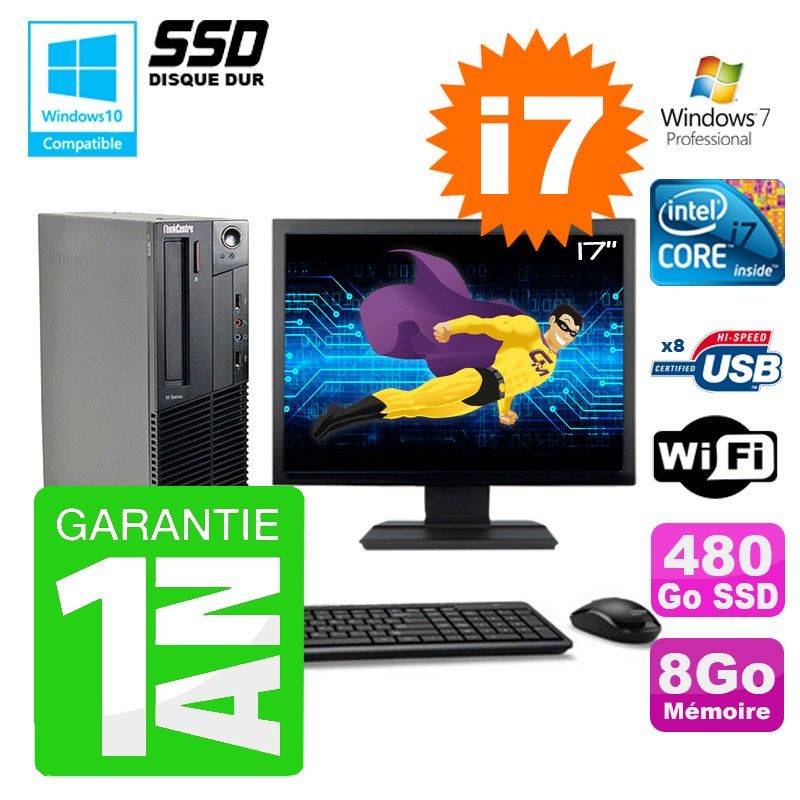 Lenovo M91p SFF Desktop PC - Intel Core i7-2600, 8GB RAM, 480GB SSD, DVD Burner, WiFi, Windows 7 Pro
