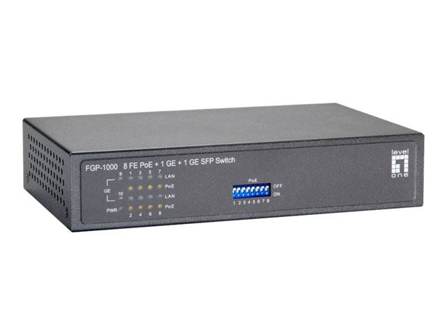 LevelOne FGP-1000W90 - PoE Switch - 8 x 10/100 (PoE) + 1 x 10/100/1000 + 1 x 100/1000 SFP - Desk, Wall Mountable