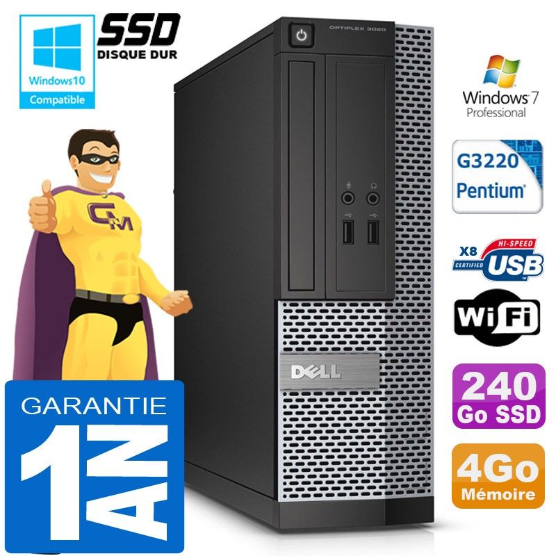 Dell 3020 SFF PC - Intel G3220, 4GB RAM, 240GB SSD, DVD Burner, Wifi, Windows 7