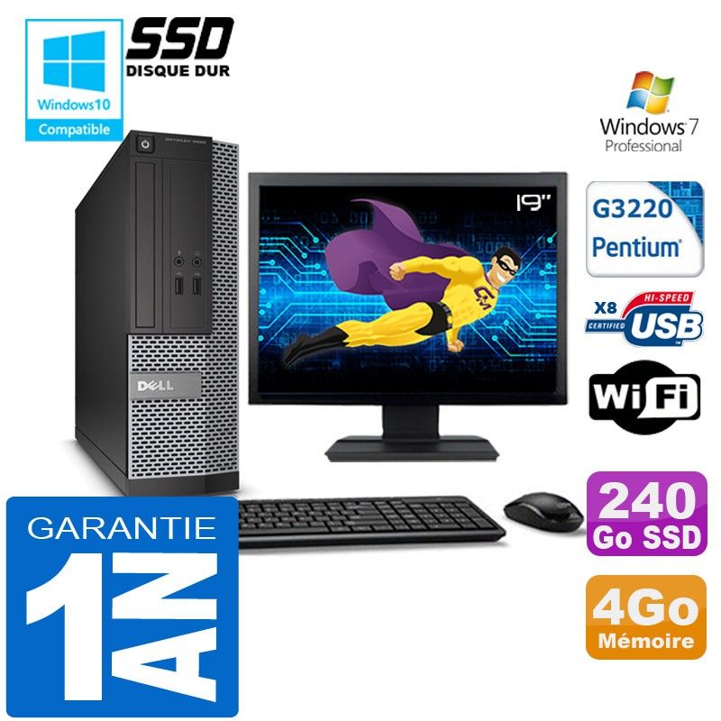 Ordinateur de bureau Dell 3020 SFF - Processeur Intel Pentium G3220, 4 Go de RAM, SSD 240 Go, WiFi, Windows 7 Pro