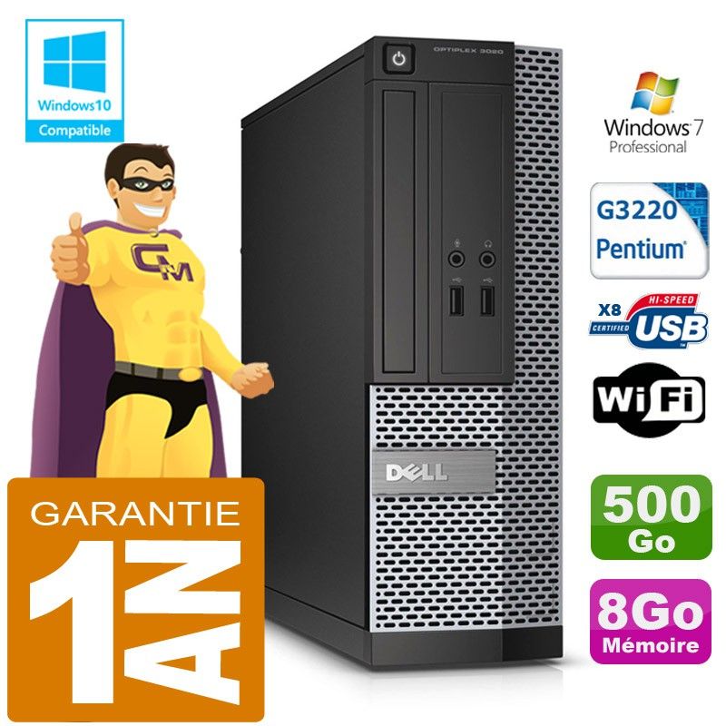 Dell 3020 SFF Desktop PC - Intel Pentium G3220, 8GB RAM, 500GB HDD, DVD Burner, WiFi, Windows 7 Pro