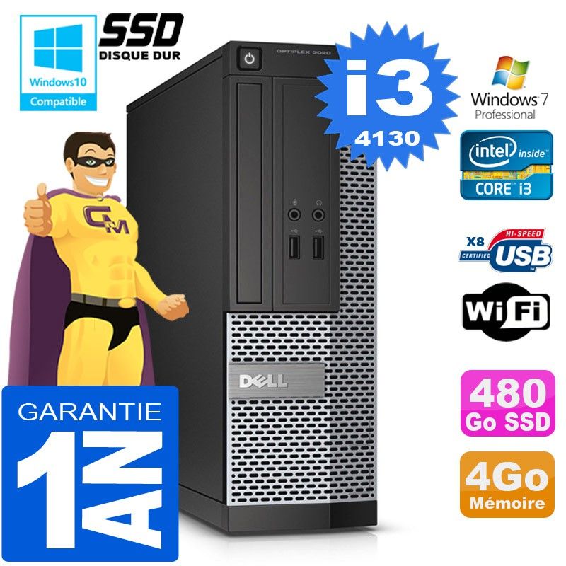 Dell 3020 SFF Desktop - Core i3, 4GB RAM, 480GB SSD, DVD Burner, WiFi, Windows 7 Pro