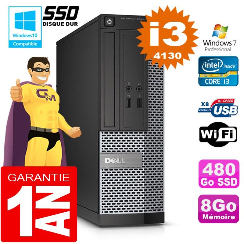 Dell 3020 SFF Desktop PC - Core i3-4130, 8GB RAM, 480GB SSD, DVD Drive, WiFi, Windows 7 Pro