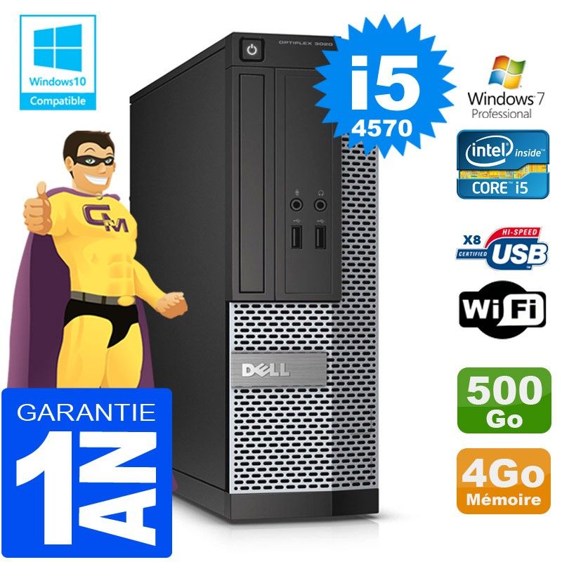 Dell 3020 SFF Desktop PC - Core i5-4570, 4GB RAM, 500GB HDD, DVD Burner, WiFi, Windows 7 Pro