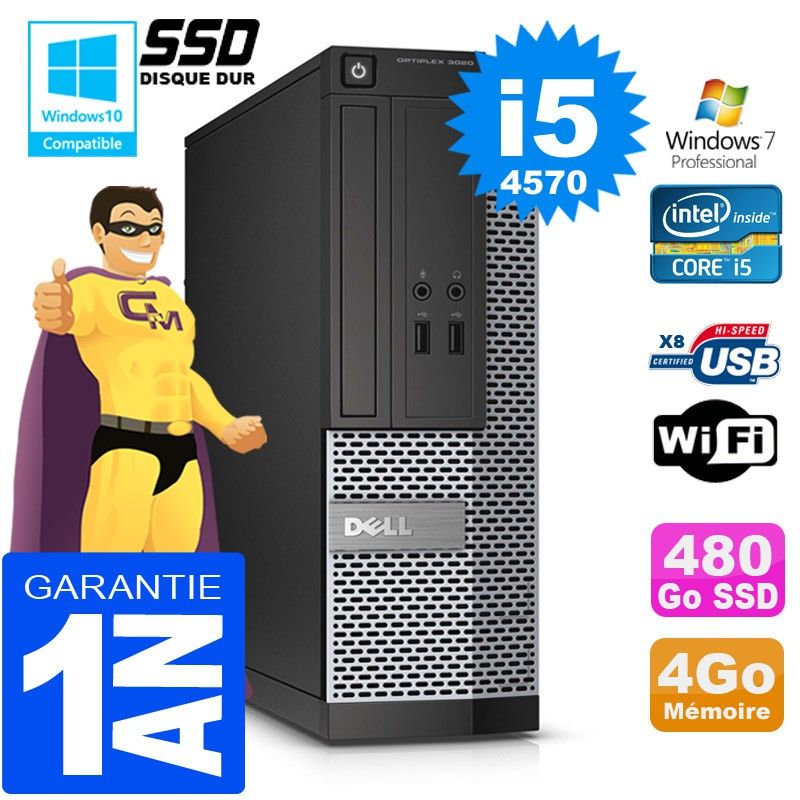 Dell 3020 SFF Desktop PC - Core i5-4570, 4GB RAM, 480GB SSD, DVD Burner, WiFi