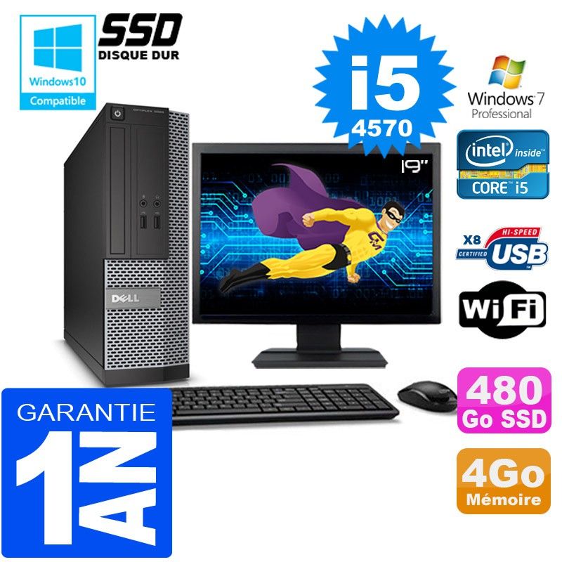 Ordinateur de bureau Dell 3020 SFF - Intel Core i5-4570, 4 Go de RAM, 480 Go SSD, WiFi, Windows 7 Pro