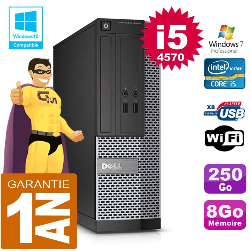 Dell 3020 SFF Desktop - Core i5-4570, 8GB RAM, 250GB HDD, DVD Burner, WiFi, Windows 7 Pro