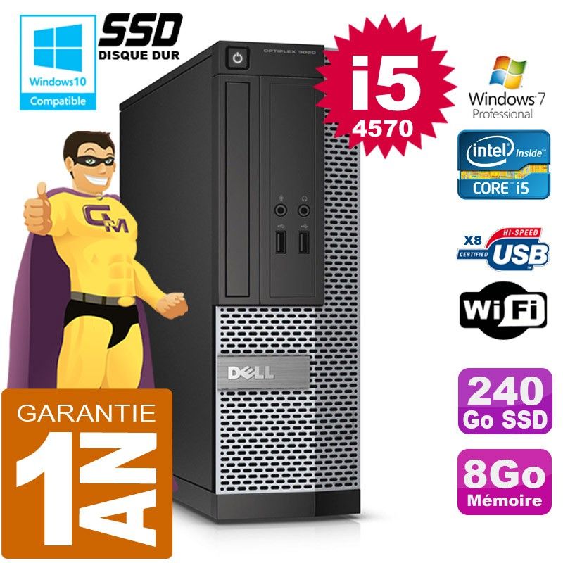 Ordinateur de bureau Dell 3020 SFF - Intel Core i5-4570, 8 Go de RAM, 240 Go SSD, Lecteur DVD, Wi-Fi, Windows 7 Pro