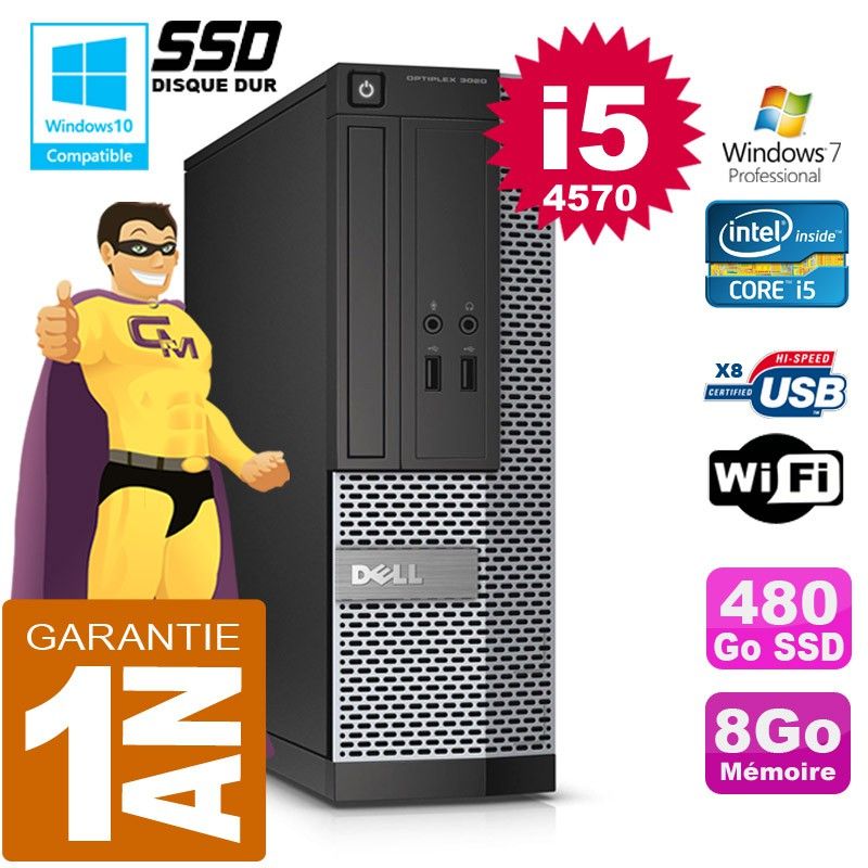 Dell 3020 SFF Desktop - Core i5-4570, 8GB RAM, 480GB SSD, DVD Burner, WiFi, Windows 7 Pro