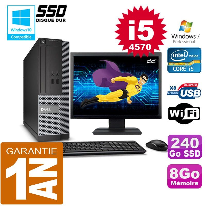 Ordinateur de bureau Dell 3020 SFF - Intel Core i5-4570, 8 Go de RAM, 240 Go SSD, WiFi, Windows 7 Professionnel