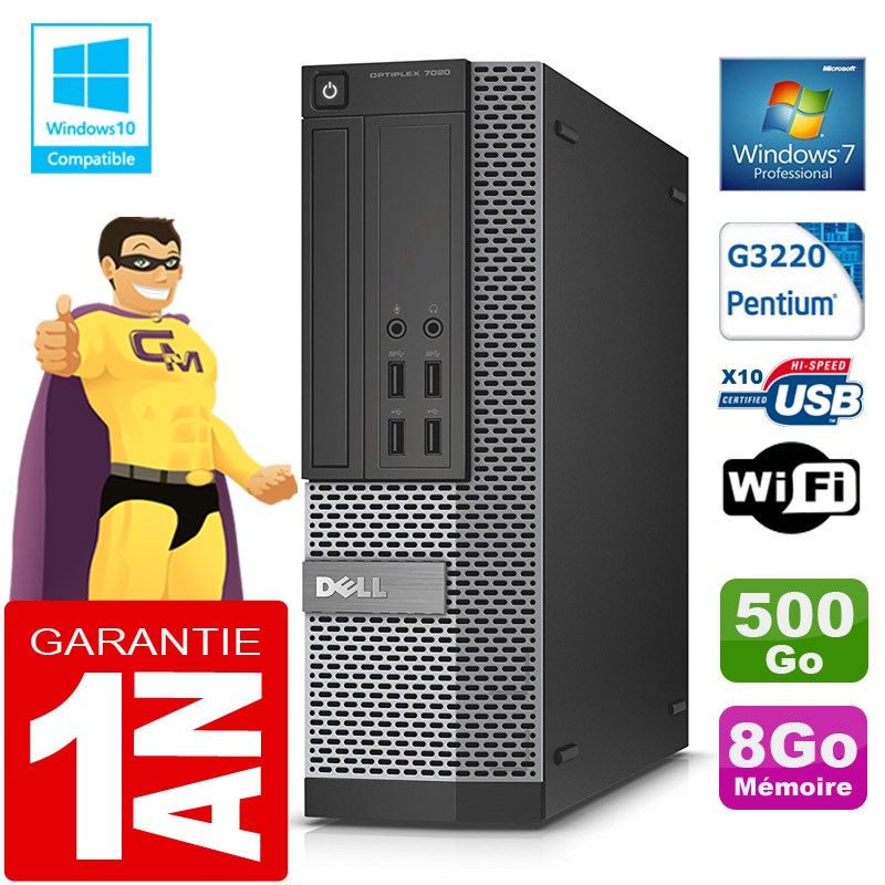 Dell 7020 SFF PC - Intel Pentium G3220, 8GB RAM, 500GB HDD, DVD Drive, WiFi, Windows 7 Pro