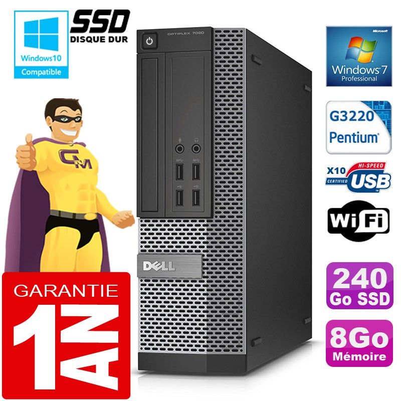 Dell 7020 SFF Desktop PC - Intel Pentium G3220, 8GB RAM, 240GB SSD, DVD Drive, WiFi