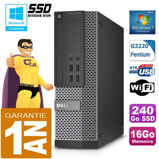 Dell 7020 SFF PC - Intel G3220, 16GB RAM, 240GB SSD, DVD Drive, WiFi, Windows 7 Pro
