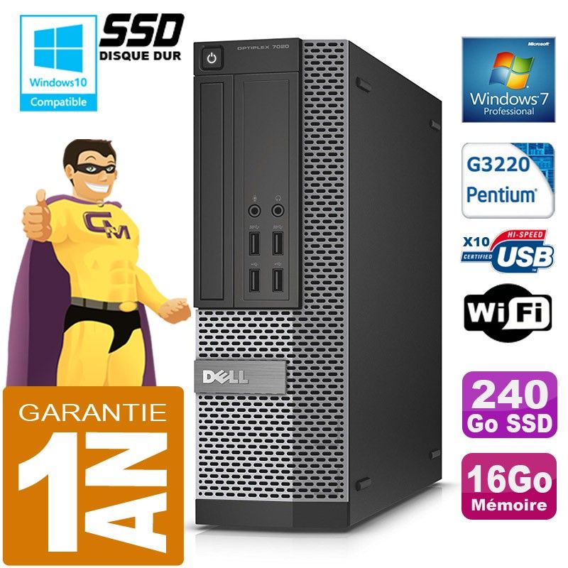 Dell 7020 SFF PC - Intel G3220, 16GB RAM, 240GB SSD, DVD Drive, WiFi, Windows 7 Pro
