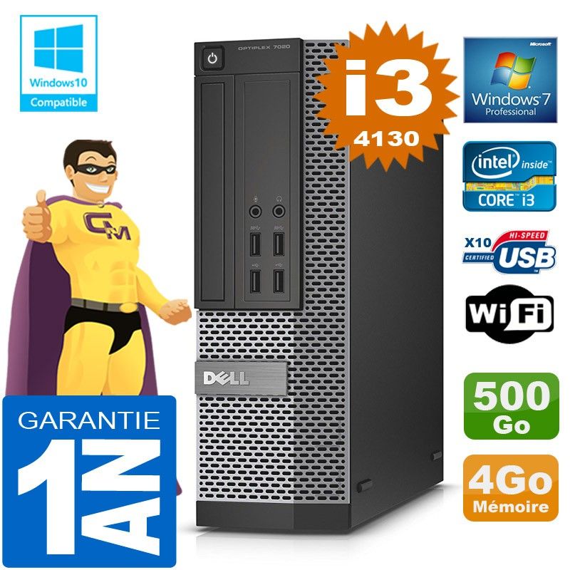 Dell 7020 SFF Desktop PC - Core i3-4130, 4GB RAM, 500GB HDD, DVD Burner, WiFi, Windows 7 Pro