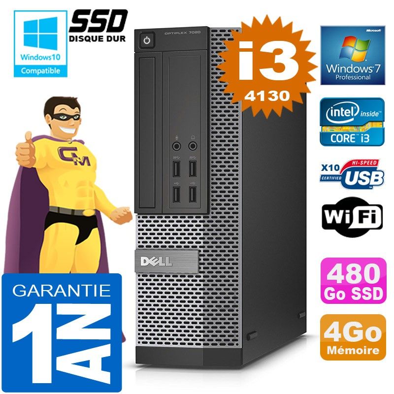 Dell 7020 SFF Desktop PC - Core i3, 4GB RAM, 480GB SSD, DVD Burner, WiFi