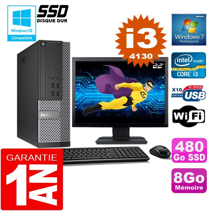 Dell 7020 SFF Desktop - Intel Core i3-4130, 8GB RAM, 480GB SSD, WiFi, Windows 7 Pro