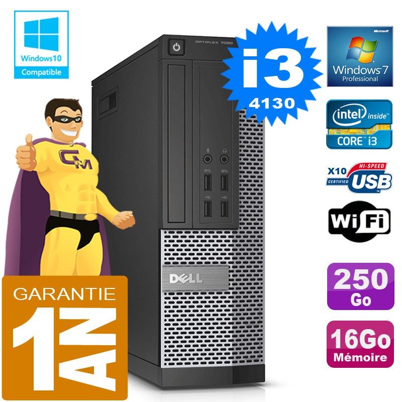 Dell 7020 SFF Desktop PC - Core i3-4130, 16GB RAM, 250GB SSD, DVD Drive, WiFi, Windows 7 Pro