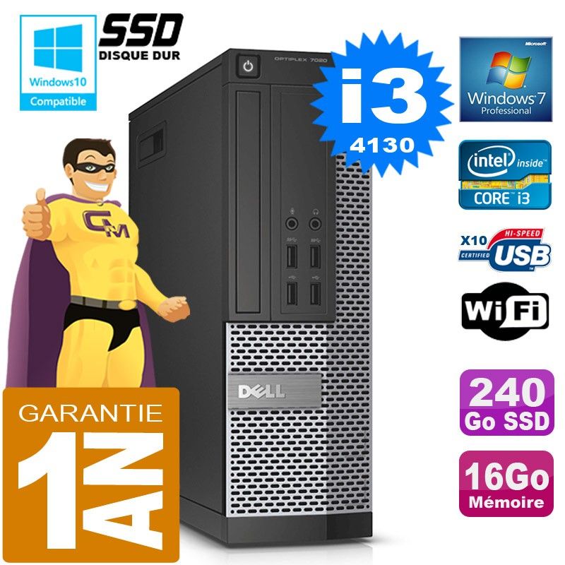 Dell 7020 SFF Desktop PC - Core i3-4130, 16GB RAM, 240GB SSD, DVD Burner, WiFi, Windows 7 Pro