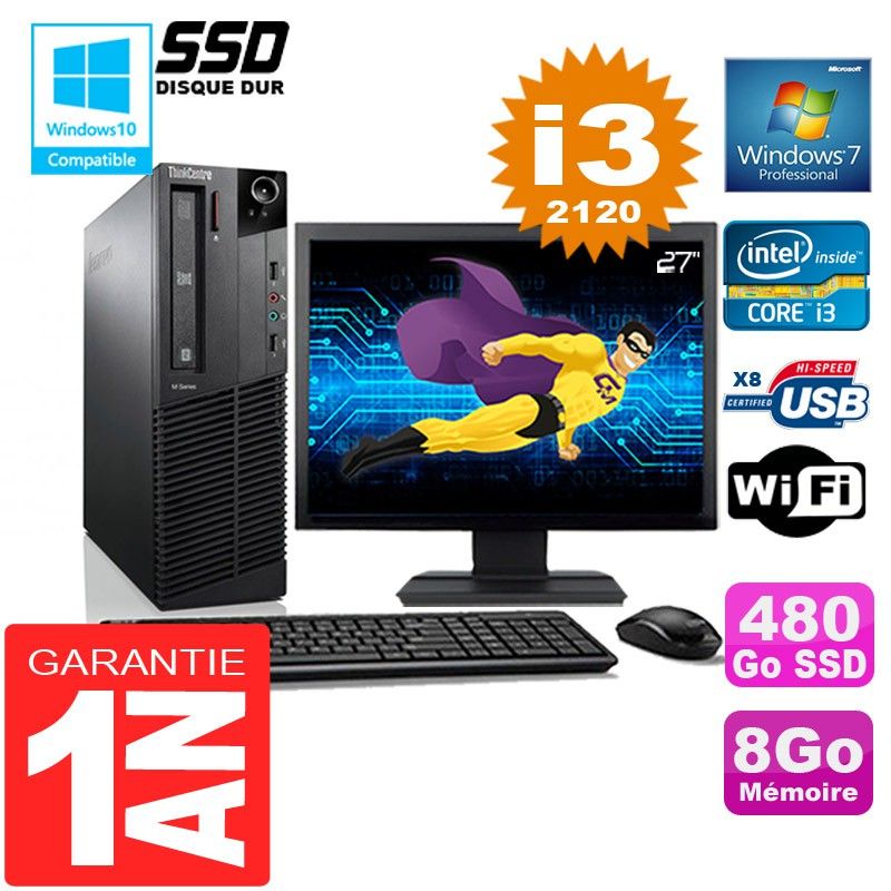 Lenovo M92p SFF Core i3-2120 8GB RAM 480GB SSD WiFi Windows 7 Pro 27" Screen All-in-One PC