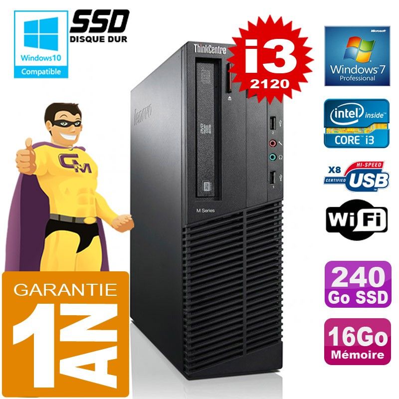 Ordinateur de bureau Lenovo M92p SFF Core i3-2120 16 Go RAM 240 Go SSD Lecteur DVD Wi-Fi Windows 7