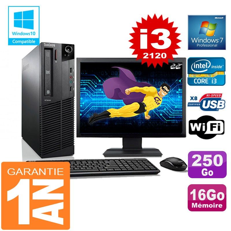 Lenovo M92p SFF Core i3-2120 16GB RAM 250GB SSD WiFi Windows 7 22" Screen