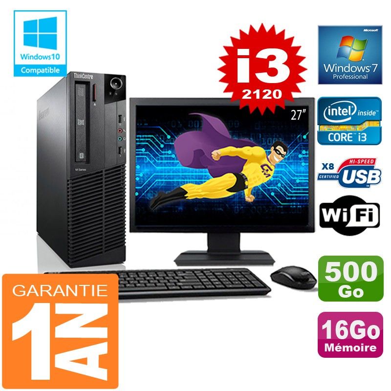 Lenovo M92p SFF Core i3-2120 16GB RAM 500GB SSD WiFi Windows 7 27" Screen All-in-One PC