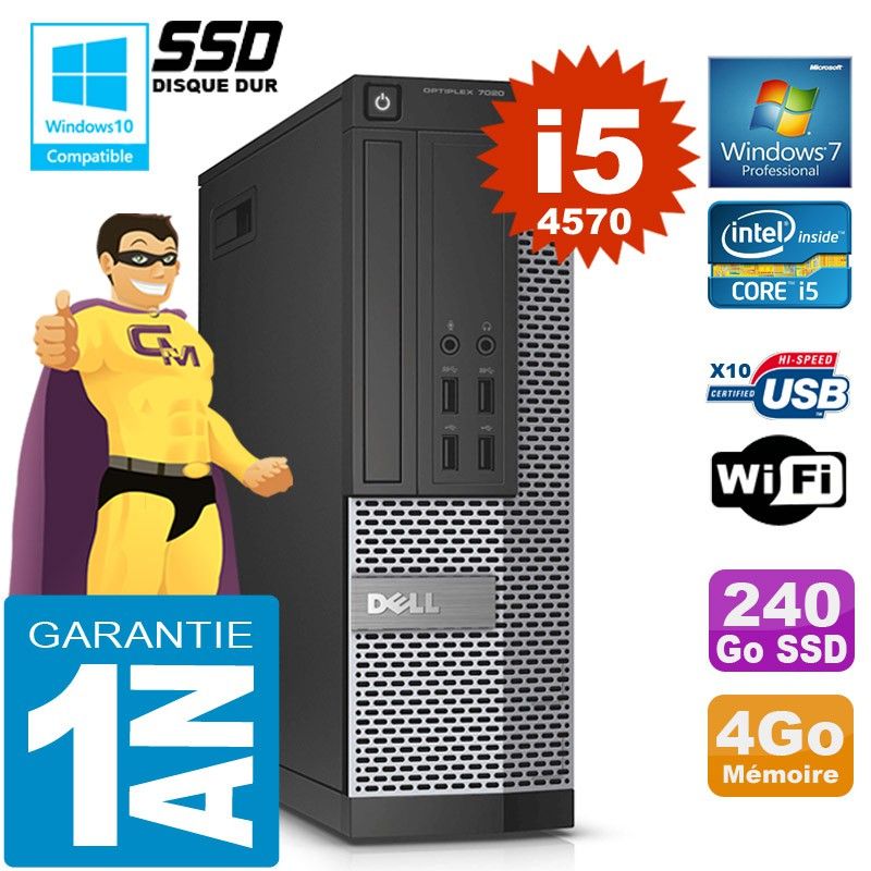 Dell 7020 SFF Computer - Core i5, 4GB RAM, 240GB SSD, DVD Drive, WiFi, Windows 7 Pro