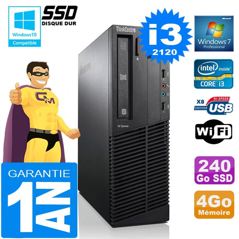 Lenovo M92p SFF Core i3-2120 4GB RAM 240GB SSD DVD Burner WiFi Windows 7 Laptop