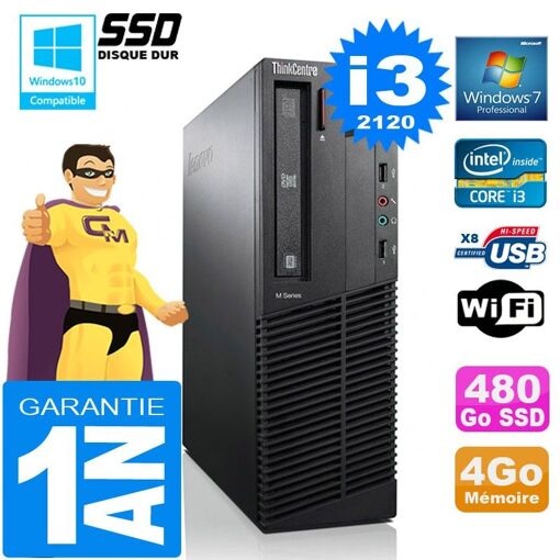 Lenovo M92p SFF Core i3-2120 4GB RAM 480GB SSD Grabador DVD WiFi Windows 7 Pro