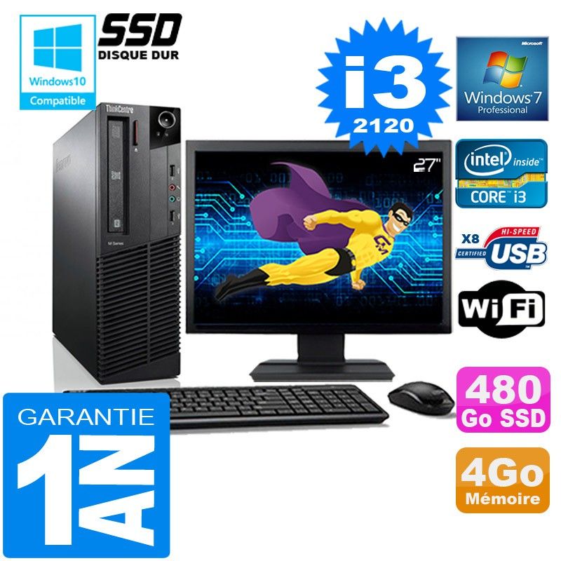 Lenovo M92p SFF Core i3-2120 4GB RAM 480GB SSD WiFi Windows 7 27" Screen All-in-One Computer