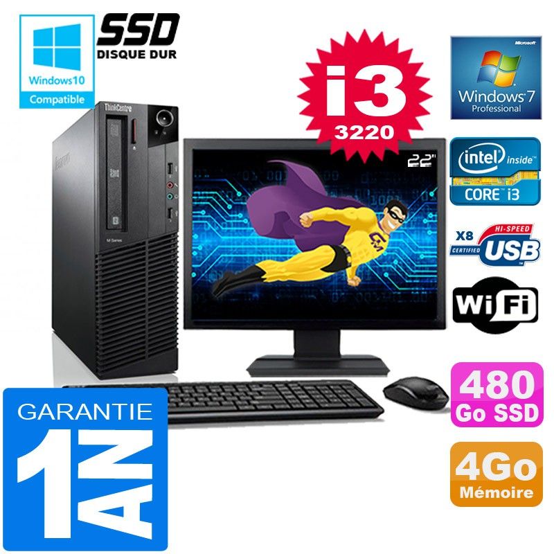 Lenovo M92p SFF Core i3-3220 4GB RAM 480GB SSD WiFi Windows 7 22" Screen All-in-One PC