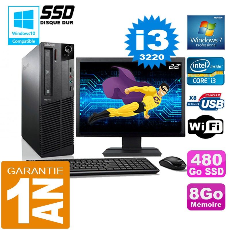 Lenovo M92p SFF Core i3-3220 8GB RAM 480GB SSD Wi-Fi Windows 7 22" Screen