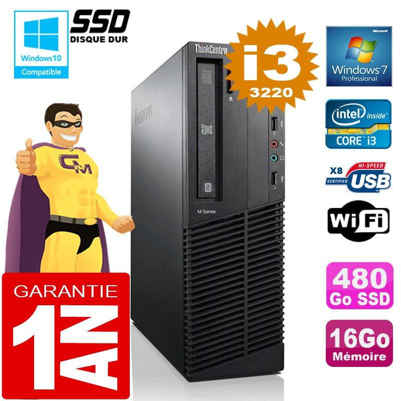 Lenovo M92p SFF Core i3-3220 16GB RAM 480GB SSD DVD Burner WiFi Windows 7 PC